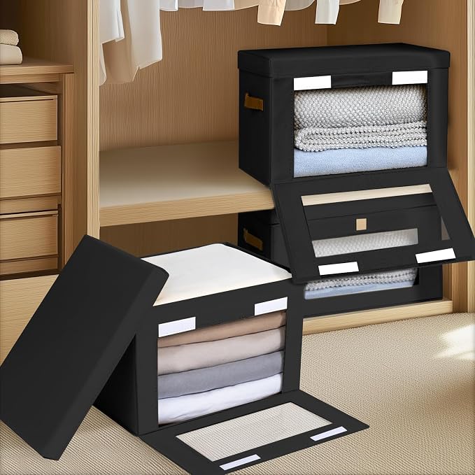 Homsorout Collapsible Storage Bins - Large Stackable Organizer Bins, Decorative Boxes with Handles & Window, Fabric Containers for Living Room, Closet, Dorm, 6 Pack, Black - Image 5