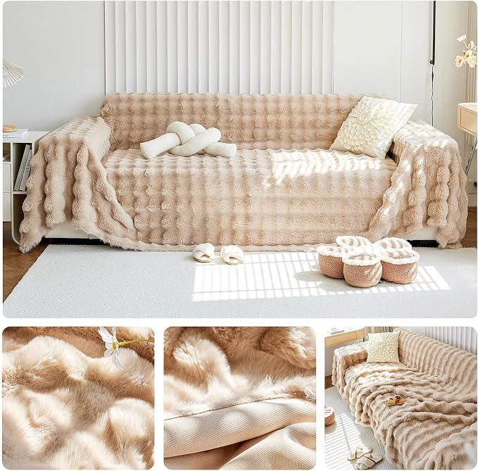 Soft Warm Light Tan Plush Sofa Cover Premium Faux Fur Couch Cover | Solid Non Slip Fluffy Sofa Slipcovers Washable Furniture Protector for Kids, Dogs, L Shaped Sofas, Large, 71''x118'' - Image 2
