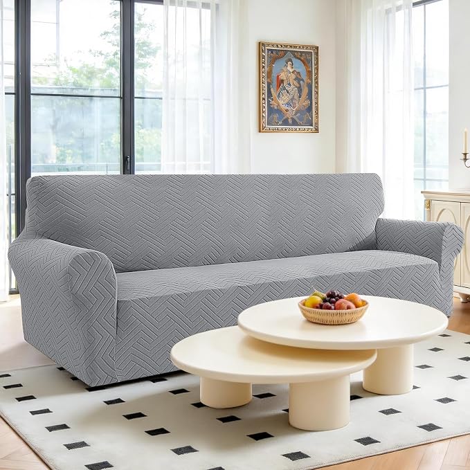 Stretch Sofa Cover Non-Slip Washable Furniture Protector | Stretch, 91"-110".Soft, Non Skid Foam, Elastic Bottom, Machine Washable, for Kids & Pets, Couch & Sofa, Light Gray - Image 2
