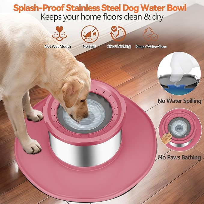 Decflow 12L No Spill Dog Water Bowl for Large Dogs, Stainless Steel Spill Proof Bowls with Suction Cup Anti-Skid Mat, Slow Feeder for Messy Drinkers, Heavy Duty Pet Bowls for Indoor/Outdoor Pink - Image 3