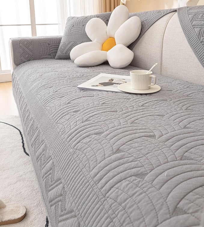 vctops Solid Color Cotton Quilted Sofa Couch Cover Weave Pattern Soft Sectional Couch Covers Embroidery Non-Slip Sofa Slipcover for Dogs, Children, Pets Furniture Protector (Grey,28"x82") - Image 5