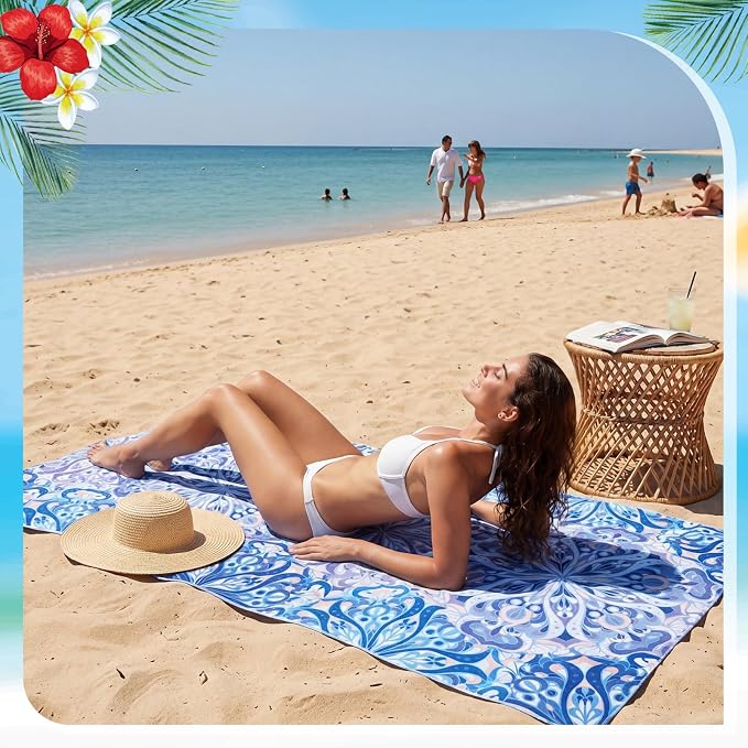 EBOOT 10 Pack Oversized Beach Towel Set Extra Large Pool Towels Microfiber Quick Dry Swim Blanket for Adult Women Men Face Hand Body Bath Travel Pool(Ocean Blue,28 x 59 Inch,Boho Ocean Style) - Image 5