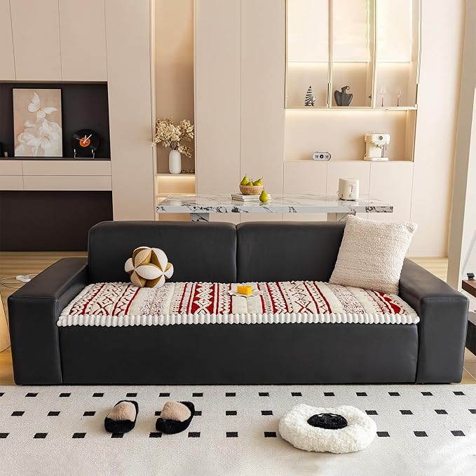VClife Boho Couch Cover, Soft Fuzzy Couch Covers for Dog, Non-Slip Furniture Protector, Washable Durable Sofa Covers for Couch/Bench, Tribal White Red Geometric Slipcover, 27.6" x 59.1" - Image 7