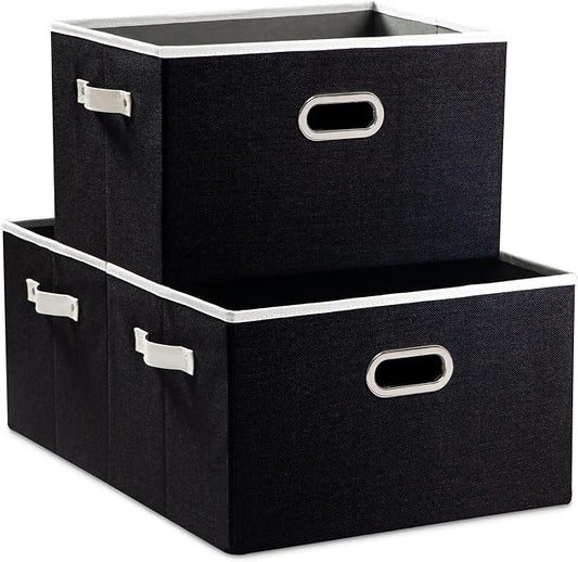 PRANDOM Larger Collapsible Storage Bins for Closet [3-pack] Decorative Linen Fabric Storage Baskets Cubes with Leather/Metal Handles for Living Room Black (17.3x12.2x10.4 Inch) by Prandom