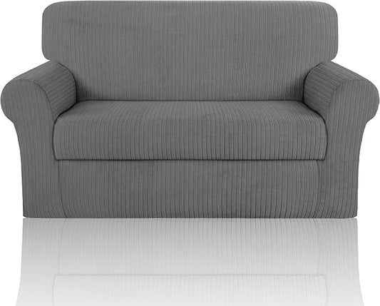 Loveseat Cover Stretching Skid Resistance Couch Cover for Pets Washable,Durable Soft High Spandex Striped Pattern Sofa Covers, Form Fitted Love Seat Slipcover(Loveseat, Light Gray) by ChengEase
