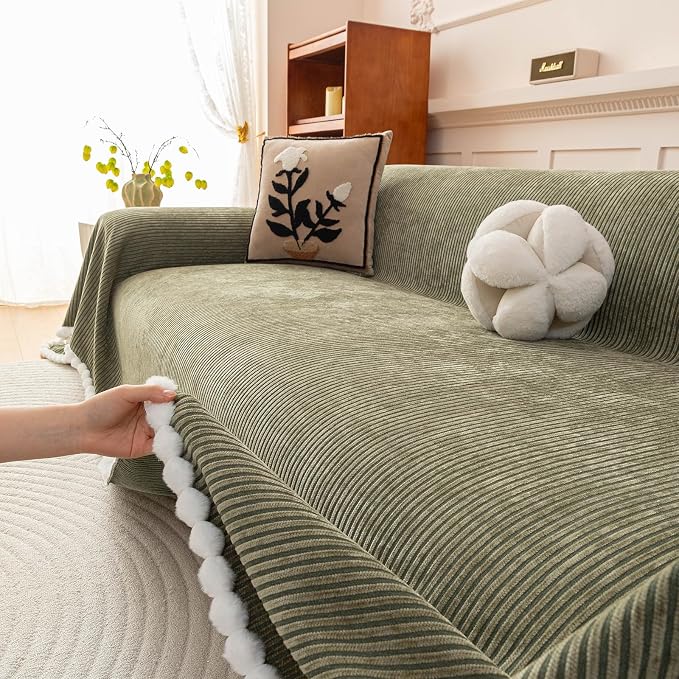 VClife Boho Couch Cover, Thickened Furniture Protector, Green, 71"X134" | Heavy-duty Pet Resistant Thick Chenille Fabric, Modern Striped Pattern, Fluffy Pom-pom Trim, Kids & Pets Household Friendly - Image 7