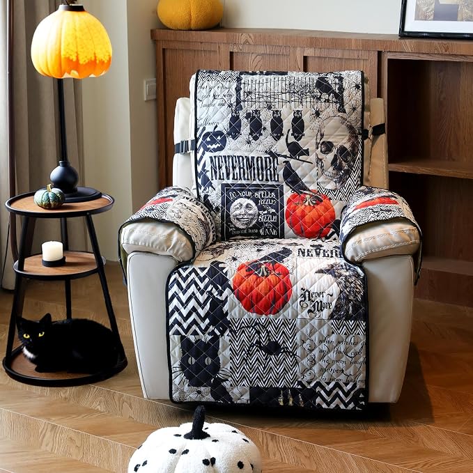 Cmfshape Halloween Skidproof Sofa Cover-Festival Sofa Slipcover with Elastic Straps-Easy Fit Slip Cover-Patchwork Washable Furniture Protector for Pets and Kids(Recliner,Black) - Image 2