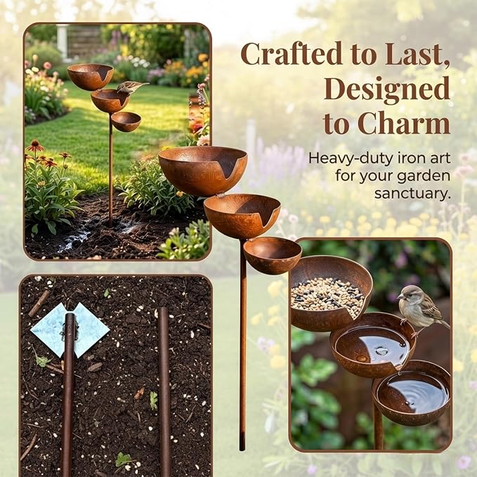 Multi-Tier Rain Catcher Garden Stake Bird Bath for Outdoors - Rustic Metal Bee Watering Station, Decorative Flower Garden Stakes for Lawn Yard Landscaping (Natural Rust Color) - Image 4