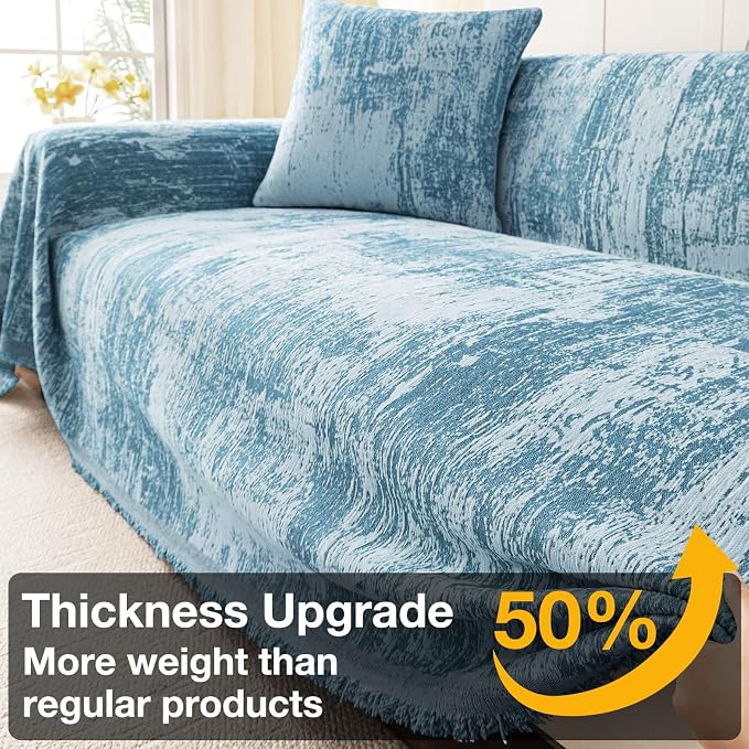 hyha Couch Cover for Dogs, Boho Chenille Sofa Cover for 3 Cushion Couch | Anti-Scratch Washable Sofa Slipcover, Loveseat Sectional Couch Throw Blankets with Tassels (Blue/White, 71x150 Inch) - Image 4