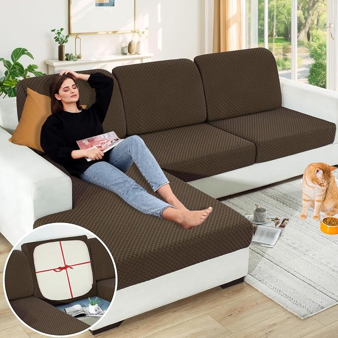 YEMYHOM 【Clearance】 Stretch Individual Cushion Covers Sofa Loveseat Seat Cushion Slipcovers Soft Couch Cover Replacement Large Checkered Furniture Protector with Elastic Bottom (2 Pc, Dark Coffee) by YEMYHOM