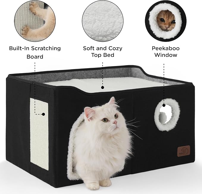 Bedsure Extra Wide Cat House Bed with Fluffy Ball and Scratch Pad,Black | 23.6x16.9x13 in,Indoor cat cave for multiple pets, Foldable cat hideway cube for sleeping large cat and kitten - Image 5