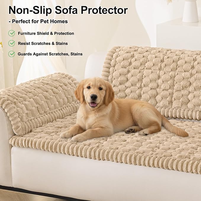 Smiry Non Slip Couch Covers for Dogs, Scratch Resistant Pet Sofa Protector | Machine Washable Soft Fuzzy Thick Furniture Cover for Sofa Loveseat Sectional Large Dogs, Khaki, 35.4" x 95" - Image 10