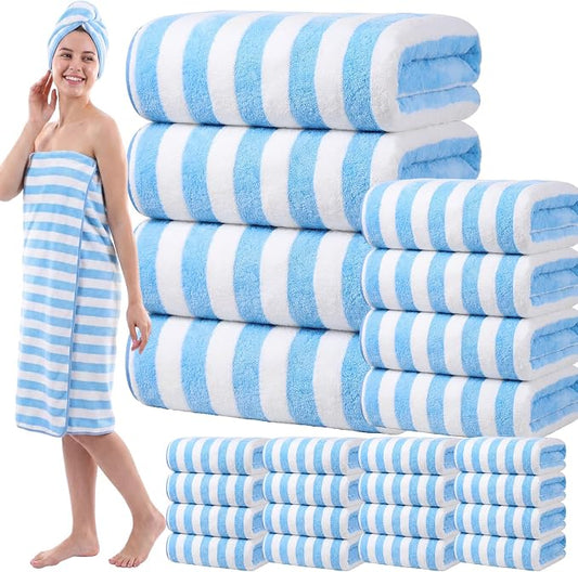 SmoothNovelty 20 Pack Microfiber Towels Bulk 4 Oversized Bath Towel 35 x 70 inch 4 Hand Cloth 12 Washcloth Large Soft Highly Absorbent for Beach Shower Bathroom Pool Salon Hotel (Blue,Stripe) by SmoothNovelty