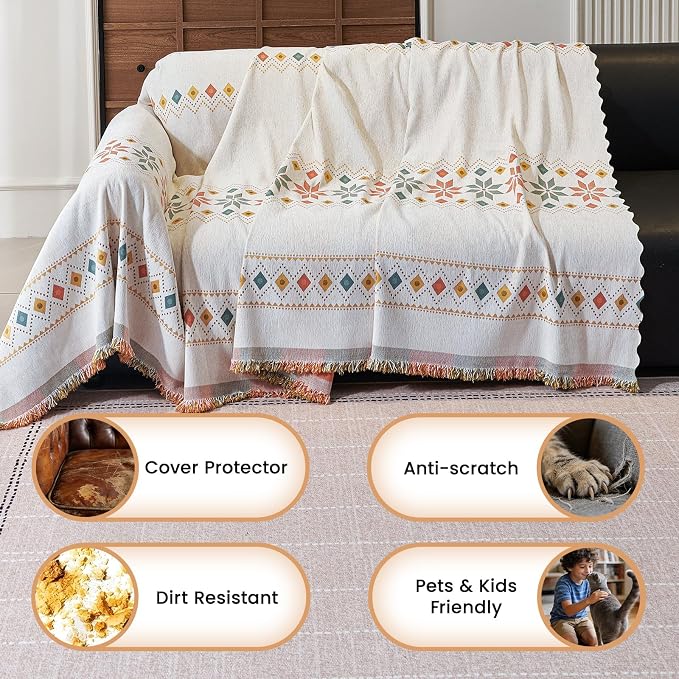 71"x102" Reversible Boho Chenille Couch Cover Sofa Slipcover for Dogs | Fade-Resistant Sofa Cover for 2-3 Cushion, L-Shape Sectional Sofa Soft Washable Furniture Protector with Tassel Anti-Scratch - Image 4