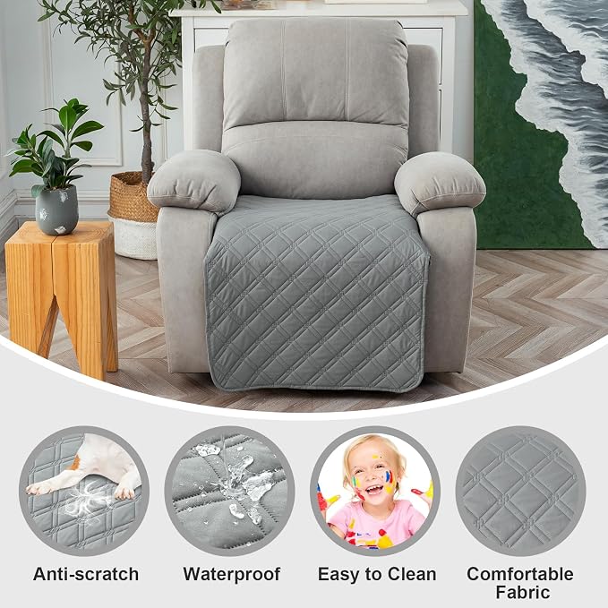 Genina Waterproof Recliner Chair Covers, Recliner Cover for Dog Pets Friendly, Washable Antislip Reclining Chair Cover Furniture Protector, Sofa Slipcover for Living Room(23.6inch/Light Grey) - Image 2