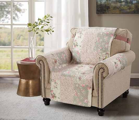 Brilliant Sunshine Rose and Sage Couch Armchair Cover, 23" seat | Traditional Patchwork Design, Non Slip Sofa Cover, Quilted Furniture Protector, Washable Chair Slipcover for Pets, Dogs by BrilliantSunshine