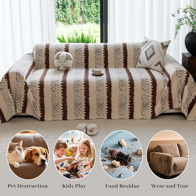 Sherpa Fleece Couch Cover for 3 Cushion Sofa, Brown, 71" x 134" - Pet Proof Sofa Covers Heavy Duty Scratch Resistant Pet Friendly Furniture Cover - Easy Install, Machine Washable - Image 4