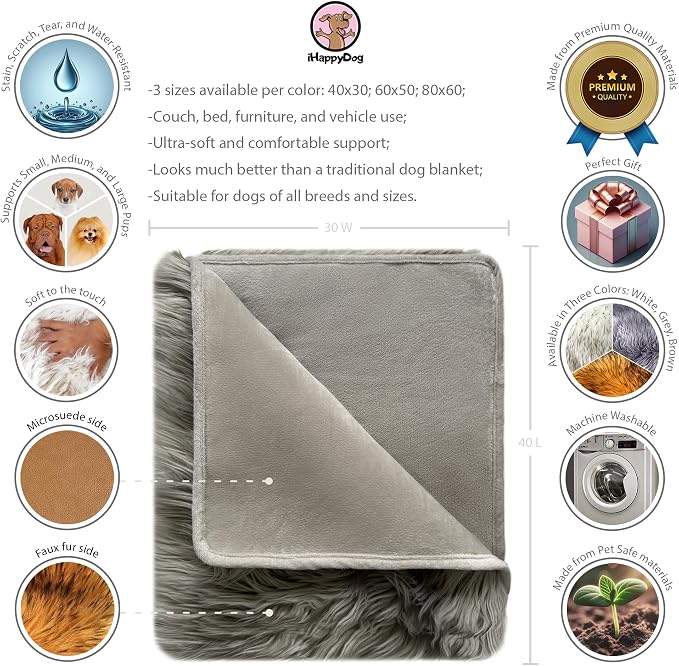 IHAPPYDOG Faux Fur Dog Blanket, Waterproof Couch Cover, Grey 40"x30" | Plush Sheepskin Style Pet Throw for Sofa, Bed, and Car, Washable Furniture Cover that Protects From Fur and Spills - Image 5
