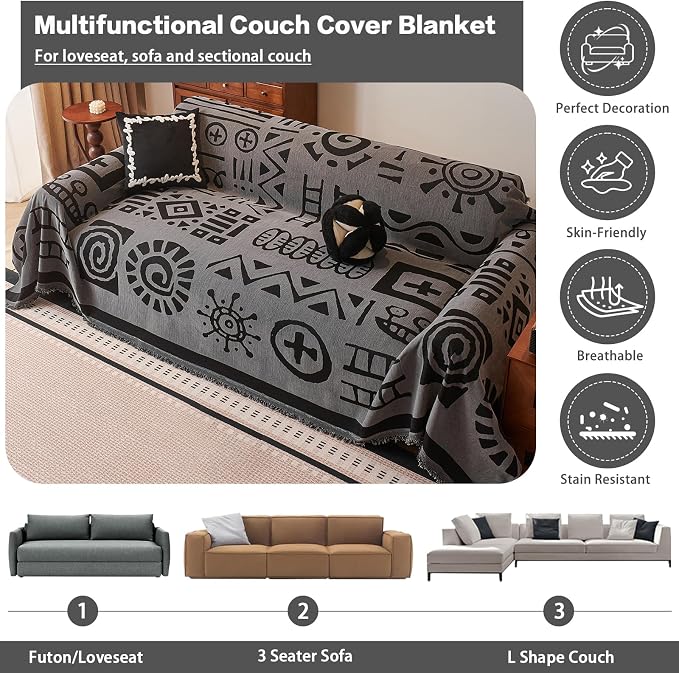 DREAMINGO Grey Japandi Couch Cover Boho Tribal Jacquard Sofa Covers for 3 Cushion Couch Thick Soft Chenille Living Room Furniture Futon Sectional Sofa Slipcovers Washable, XX-Large 71"x150" - Image 3