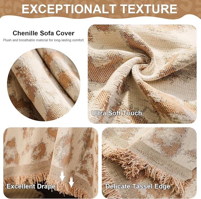 VClife Boho Couch Cover, Vintage Khaki Leopard Print Sofa Cover for Pet, 1 Piece Washable Durable Loveseat Cover, Modern Versatile Furniture Protector for Bedroom Living Room, 71''x118'' - Image 3
