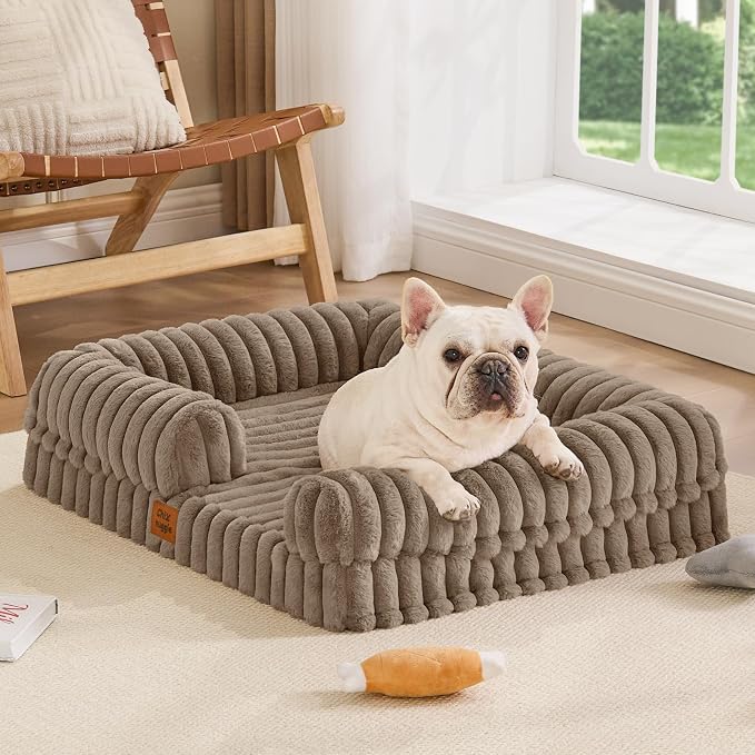 ChiXnuggle Faux Fur Orthopedic Dog Bolster Bed, Waterproof Washable Cover | rectangular dog sofa couch,egg crate foam,non-slip bottom,for small medium dogs,taupe,30*24*7,puppy bed - Image 9