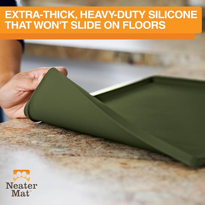 Neater Pet Brands Neater Mat Pet Mats for Food and Water, Cat & Dog Bowl Mat Waterproof Silicone, Feeding Tray, Dog Food Mats for Floors, Placemat w/Raised Edge for Under Bowls, 24" x 16", Olive - Image 4