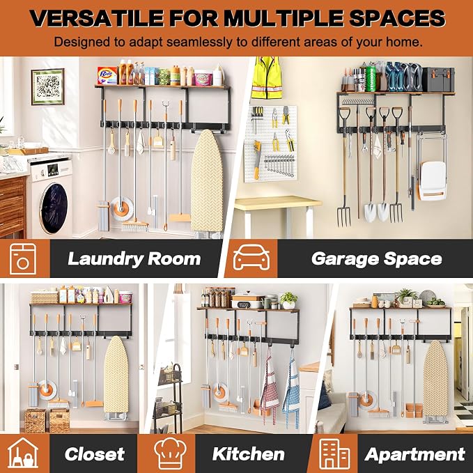 Broom Holder Wall Mount with Cleaning Supplies Organizer, Laundry Room Organization and Storage Shelves with Ironing Board Holder, Mop Hanger Broom Rack with Hooks, Home Improvement Garage Organizer - Image 6