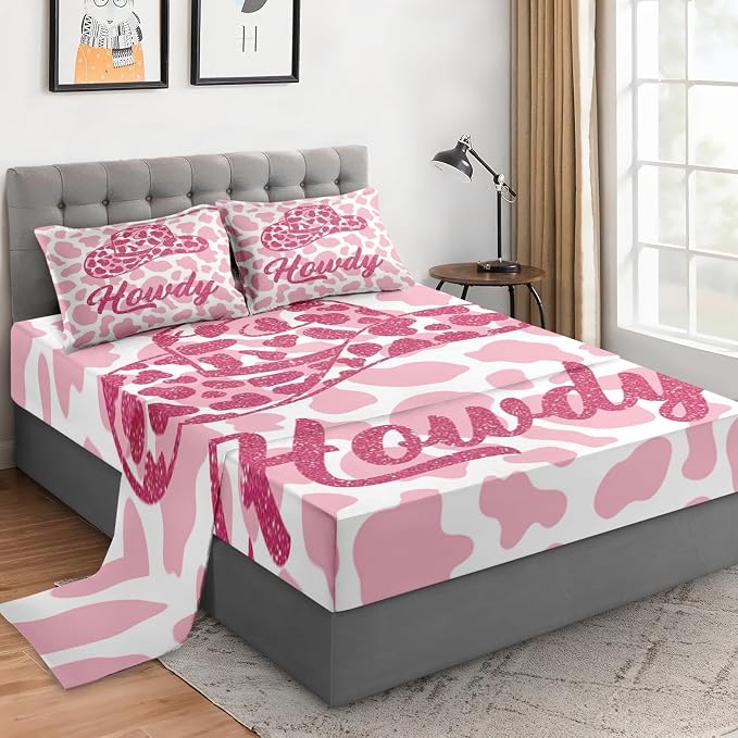 WeCozy Twin Size Bed Sheet Sets with Pillowcases, Western Cowboy Cow 3 Pcs Soft Microfiber Bedding for Kids and Adults, Pink Leopard Print Cowgirl Flat, Fitted Sheet for Bedroom Bed Decor by WeCozyHomeDecor