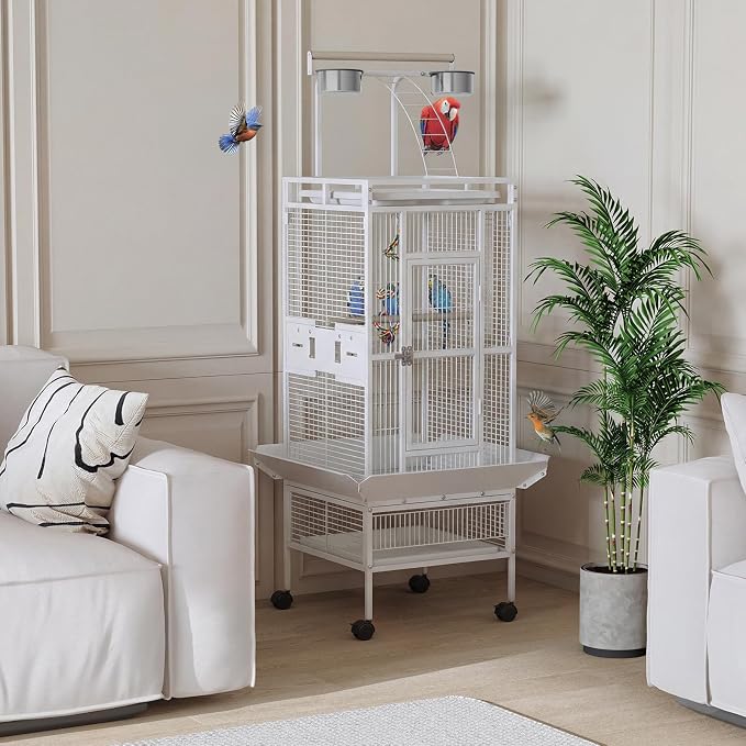 Garveehome 60 Inch White Parrot Cage with Play Top & 4 Feeder Bowls | Wrought Iron Large Bird Cage with Rolling Stand for African Grey Cockatiel Sun Parakeet Green Cheek Conure Lovebird Budgie - Image 2