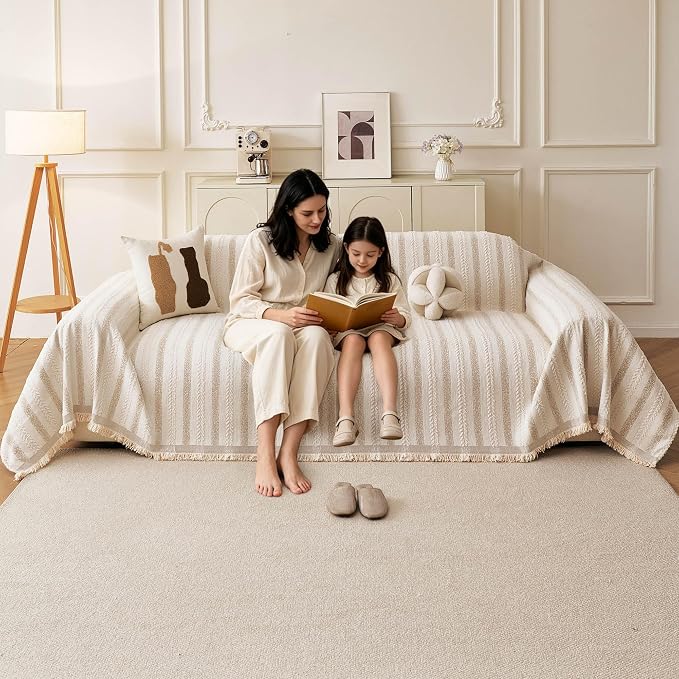 Couch Cover for Sofa, Boho Sofa Covers Washable 3 Cushion for Dogs | Chenille Sofa Slipcover for Pet, L-Shape Sectional Furniture Cover Soft Blanket Loveseat Protector, Striped Beige, 71"x118" - Image 9