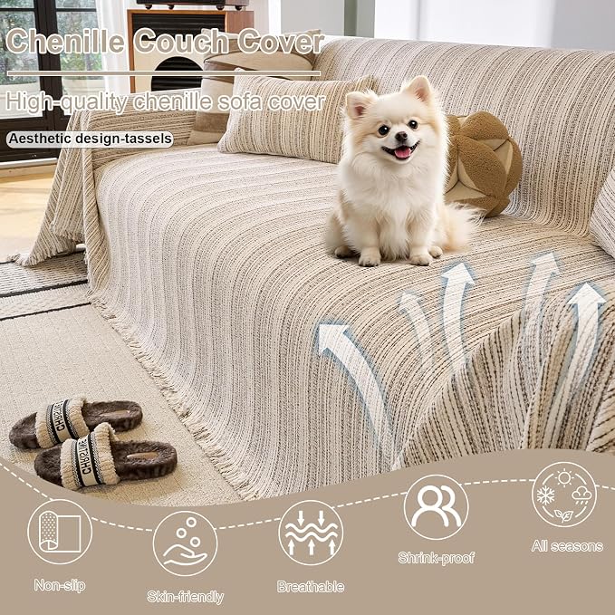 ROOMLIFE Couch Cover 3 Cushion Sofa, Washable Non Slip Furniture Sofa Protector Cover, Soft Chenille Sofa Slipcovers Sectional L Shape Dogs Couch Cover Throw Blanket with Tassels 71''X118'' - Image 2