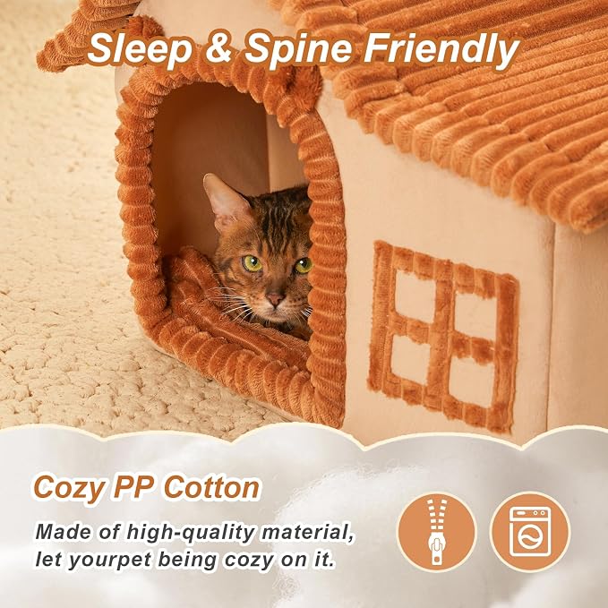 Jiupety Bear Cat Houses for Indoor Cats, Chimney Cute Cat Bed Cave, Enough Interior Space, Cartoon Soft Pet House Up to 3-15 lbs Puppy, Brown - Image 3