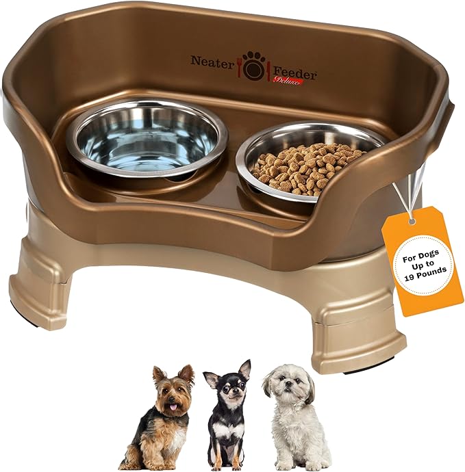Neater Feeder Deluxe Mess-Proof Elevated Dog Bowls for Small Dogs (Up to 19 lbs), 2 Height Adjustable (6” & 7.5”) No-Spill Raised Dog Bowl Stand, Stainless Steel Food Bowl Set, Made in USA, Bronze by NeaterPetBrands