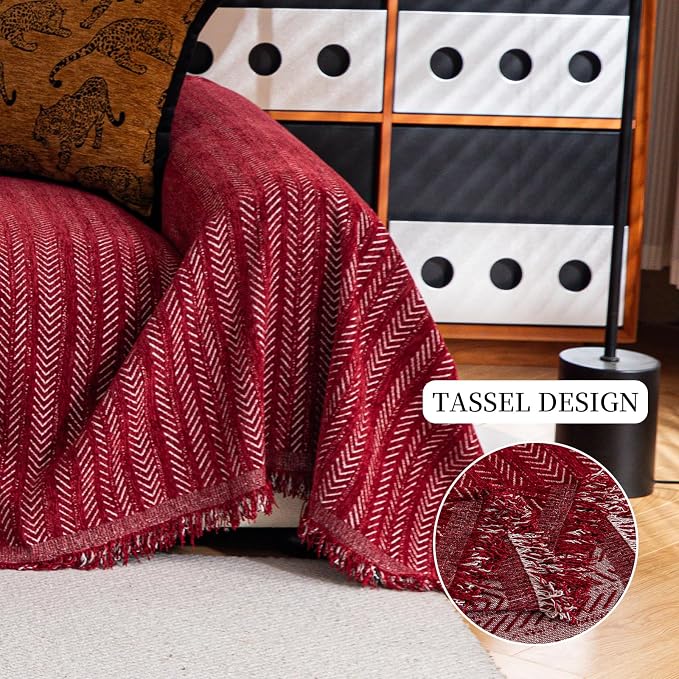 Sofa Covers for 3 Cushion Couch Seat, Loveseat Non Slip Couch Cover Chenille Strip Couch Throw Blankets with Tassels, Sectional Sofa Slipcovers Furniture Protector for Pets, Kids 71"x134", Wine - Image 3