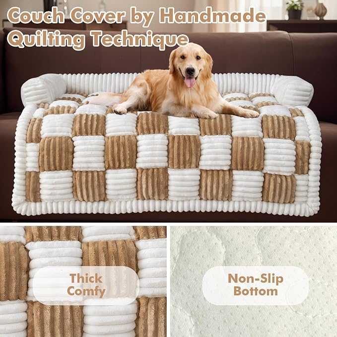 TOPCHANCES Dog Couch Covers, Thickened Quilted Plaid Funny Fuzzy Pet Couch Protector for Large Dogs - Washable, Non Slip - Light Brown, 30x30 inch - Image 2