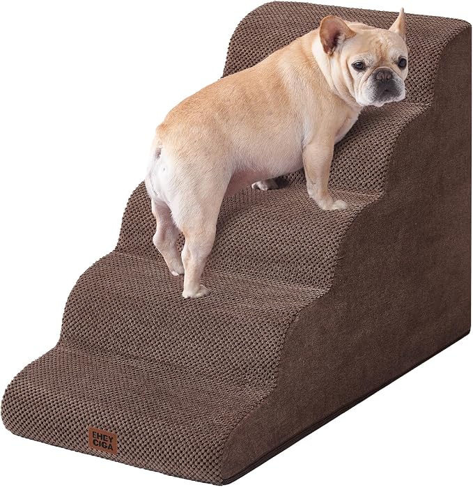 EHEYCIGA Curved Dog Stairs Ramp for High Beds, 5-Step Extra Wide Dog Steps for Small Dogs and Cats, Pet Stairs for High Bed Climbing, Non-Slip Balanced Pet Step Indoor, Brown by EHEYCIGA