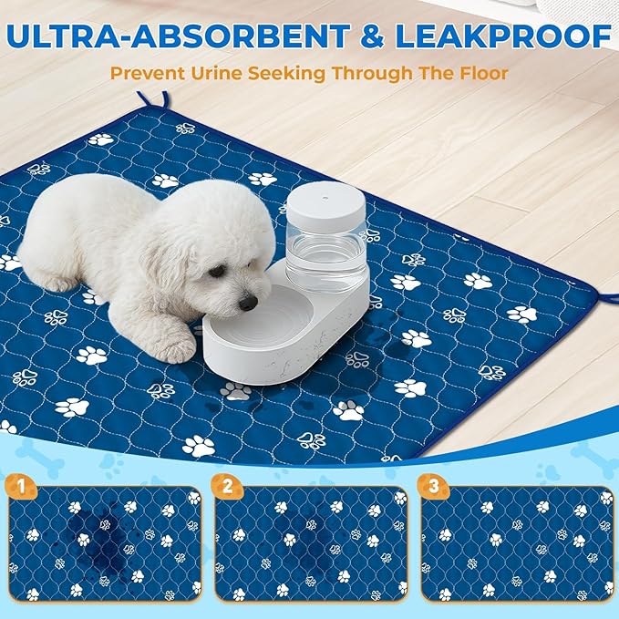 Fostanfly Washable Pee Pads for Dogs, Ultra-Absorbent, 36"x48"-2 Pack, Blue | Leak-Proof, Waterproof, Non-Slip, Large Reusable Pee Pads for Puppy Potty Training, Crate and Playpen with 8 Tie Straps - Image 3