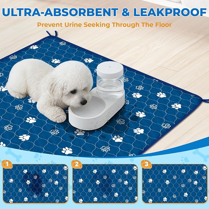Fostanfly Washable Pee Pads for Dogs, Ultra-Absorbent, 36"x48"-2 Pack, Blue | Leak-Proof, Waterproof, Non-Slip, Large Reusable Pee Pads for Puppy Potty Training, Crate and Playpen with 8 Tie Straps - Image 3