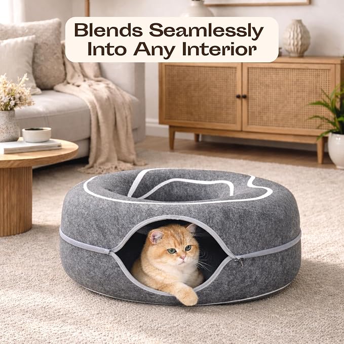 Peekaboo Cat Cave Donut - Cat Tunnel Bed for Indoor Cats – Cute Patterns Hideaway for Multiple & Large Cats, Scratch-Resistant (Dark Gray) - Image 5