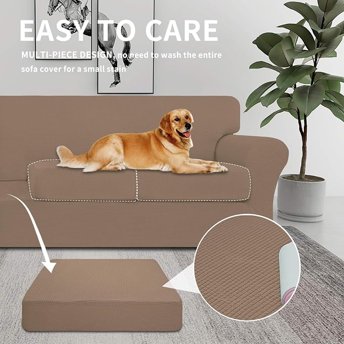 Easy-Going 3 Pieces Stretch Couch Cover Sofa Cover for Dogs Washable Sofa Slipcover for 2 Separate Cushion Couch Spandex Jacquard Fabric Elastic Furniture Protector for Pets, Kids (Camel, Loveseat) - Image 3