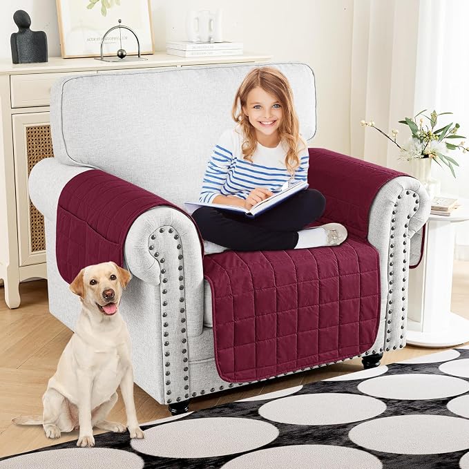 MAXIJIN Waterproof Chair Cover for Dogs Washable, Quilted Chair Seat Cover Sofa Slipcover for Armchair with Side Pockets, Non-Slip Furniture Protector for Pets Kids (Chair, Wine Red) - Image 2