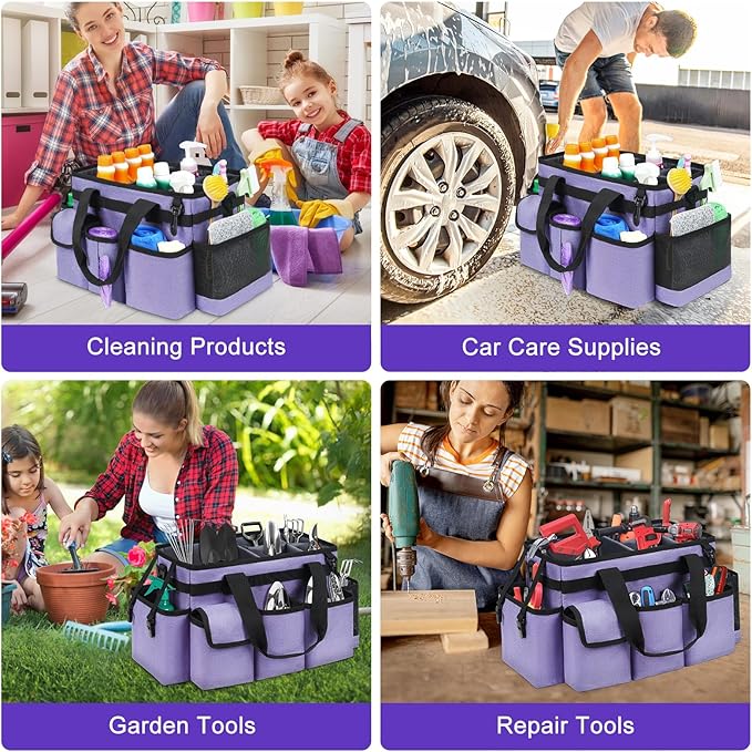 Cleaning Caddy,Cleaning Bag for Housekeepers,Cleaning Supplies Organizer with Handle,Purple - Image 6