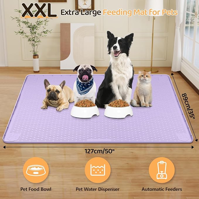 Dog Food Mat 50''x35'' Extra Large Dog Mat for Food and Water, Purple | Silicone Dog Bowl Mat with Raised Edge, Waterproof Non-Slip Pet Feeding Mat for Floors, fit for Dog Cat Bowls - Image 2