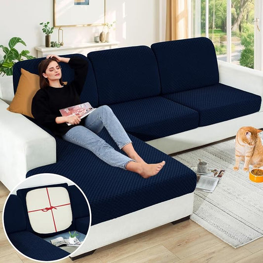 【Clearance】 Stretch Individual Cushion Covers Sofa Loveseat Seat Cushion Slipcovers Soft Couch Cover Replacement Large Checkered Furniture Protector with Elastic Bottom (2 Pc Cushion Cover, Navy) by YEMYHOM