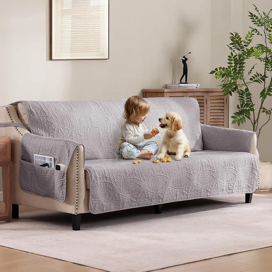 Soft Quilted Couch Cover with Pockets for Extra-Large Sofa, Anti-Slip Sofa Covers Washable for 3 Cushion Pet Friendly, Oversized Sofa Cover Water-Repellent (X-Large Sofa 78", Cloud Purple) by Pamhaven