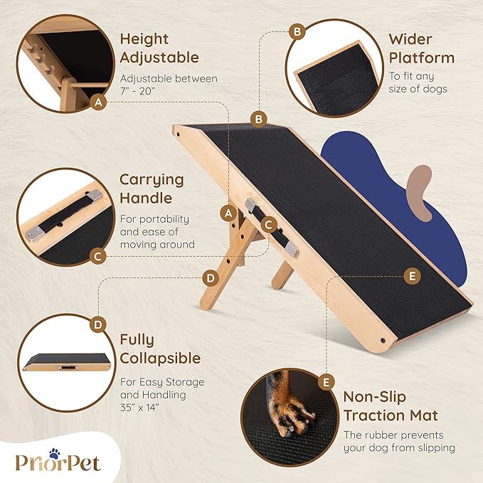 Dog ramp for Couch – Non-Slip, Sturdy Build Foldable Dog ramp – Supports up to 200lbs – Adjustable 7'' to 20'' – Landing Platform Seamlessly Connects – Birchwood Pet Ramp for Small Dogs – Natural