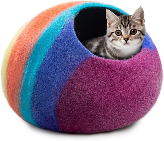 Premium Felt Cat Cave Bed – Cats Curl Into Instantly - Wool Kitty Beds Handcrafted Kitten Caves Bed for Indoor Cats - Made from Merino Wool by Woolygon (Rainbow Twist) by Woolygon