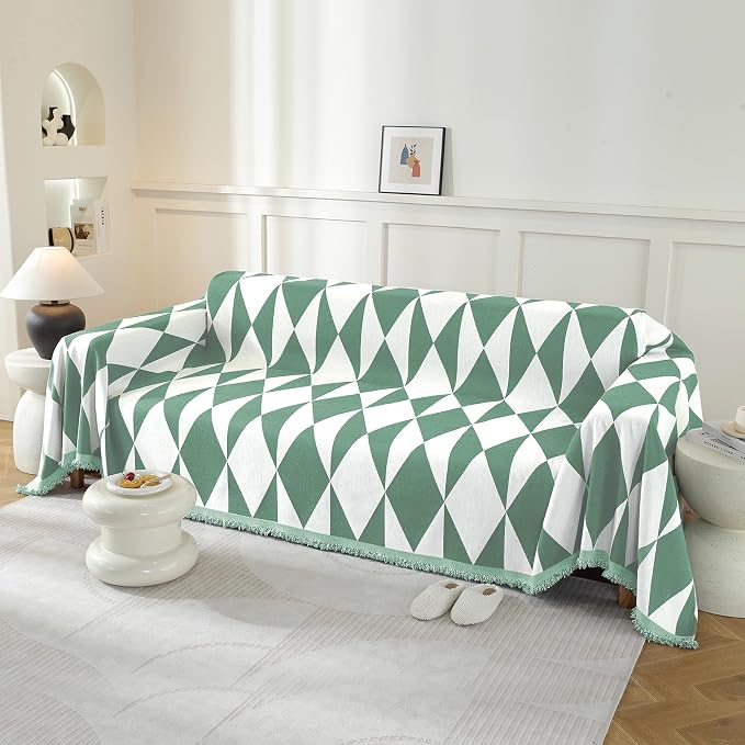 Couch Cover for Sofa, Boho Sofa Cover Washable Couch Cover for Dogs, Pet Sofa Cover for 3-Cushion Couches with Tassel Furniture Protector Cover,71" x 134",Pea Green-Diamond - Image 2