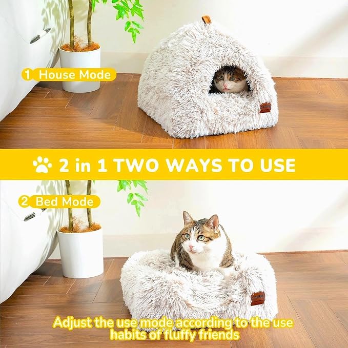 CATISM Cat Bed, Cat Cave for Indoor Cats, Soft Cat Dome, Self-Warming 2 in 1 Foldable Pet Cat House with Washable Cushioned Pillow Calming Fluffy Dog Beds for Small Dogs with Anti-Slip Bottom Brown | Soft Warm Washable Anti-Slip Bottom Removable Fluffy... - Image 2