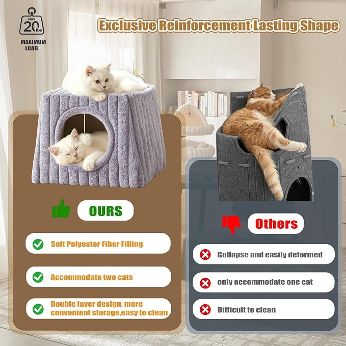 Indoor Cat House - Large Cat Cave Bed with Fluffy Balls, Foldable Cat Bed Cave and Apartment with Pads, Suitable for Multiple Small and Large Cats, 15.74x15.74x13.38 inches(Grey, Large) - Image 2